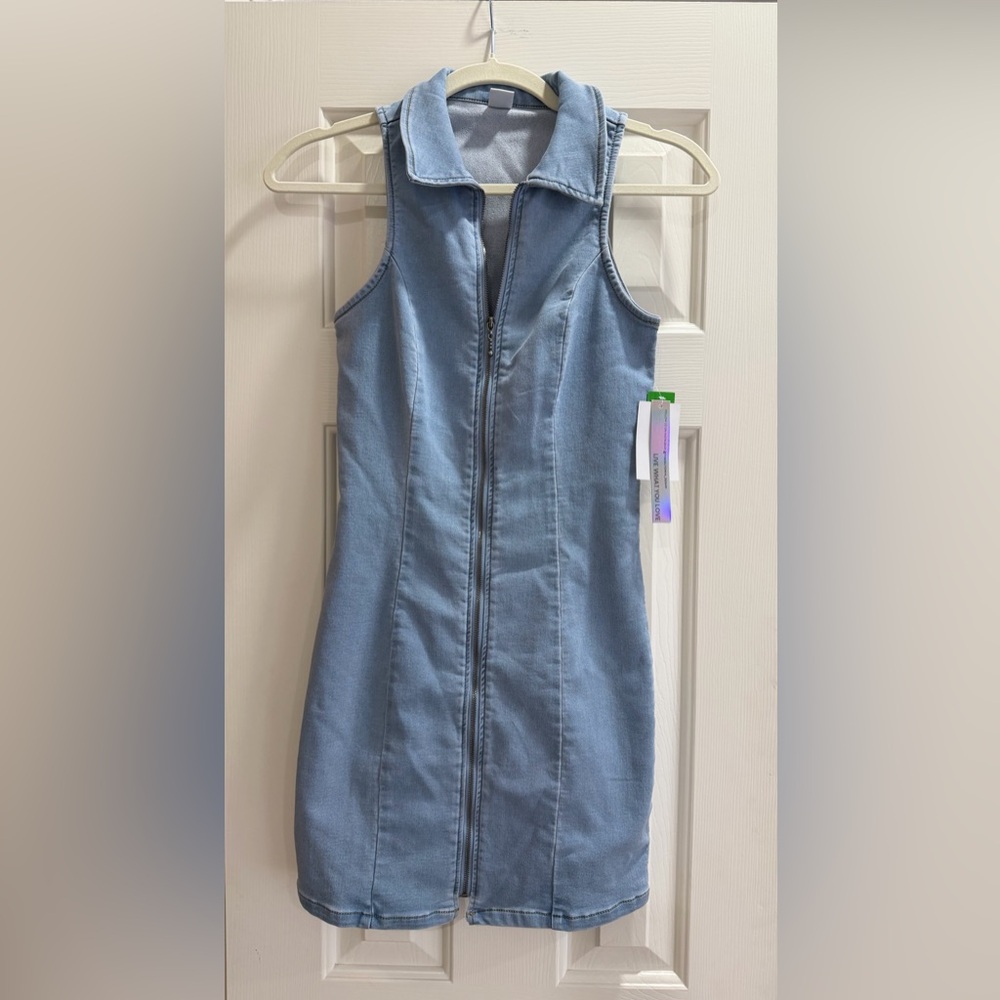 Light Blue Denim Zip-Front Dress